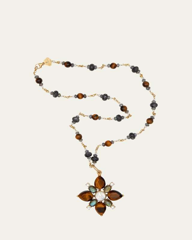 18K Yellow Gold Chain and Flower Charm Necklace with Pearls, 20"L